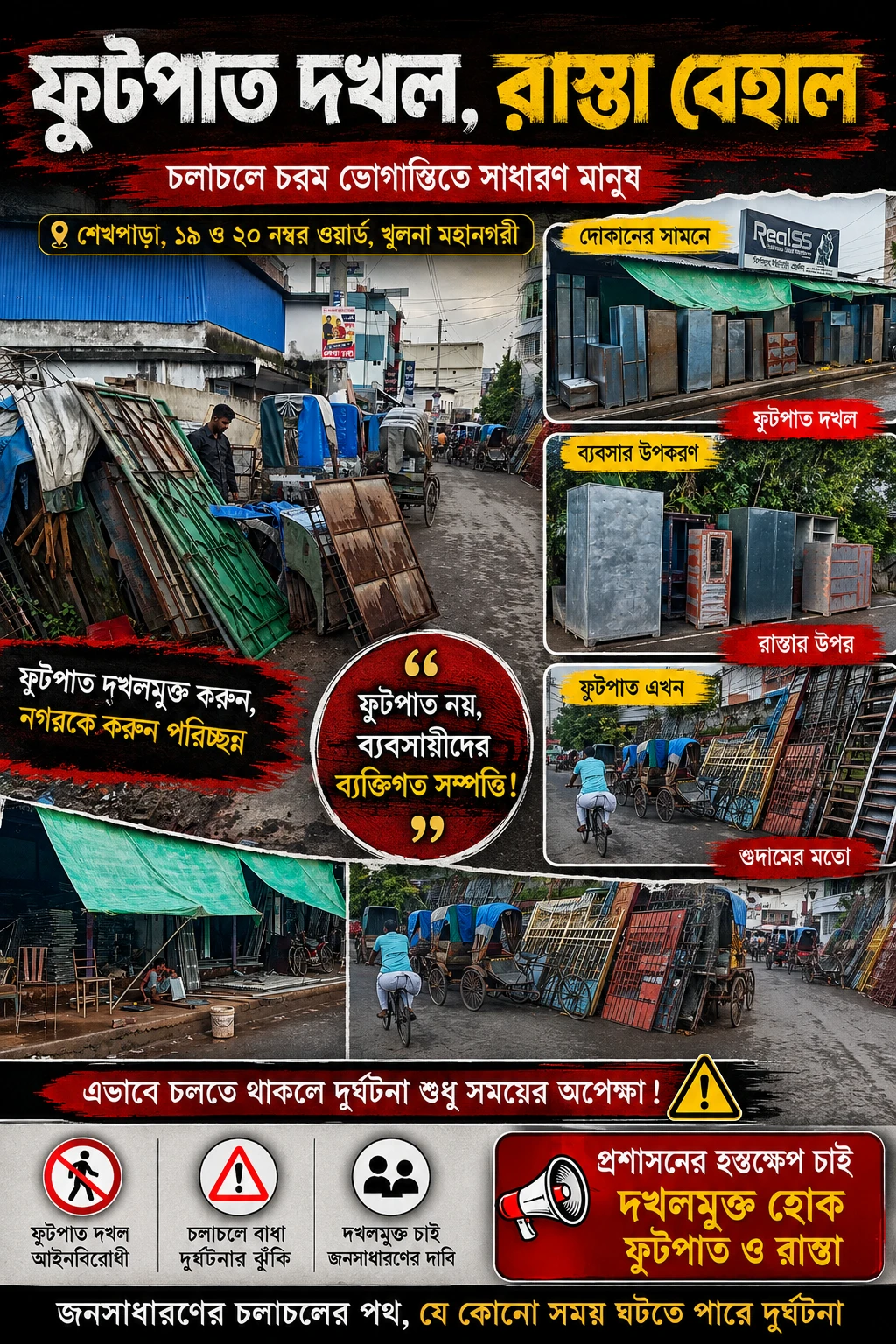 খুলনা শেখপাড়ার ১৯ ও ২০ নম্বর ওয়ার্ডের ফুটপাত সহ রাস্তা  যেন দখলবাজদের পৈতৃক সম্পত্তি। লোহার-আসবাবপত্রের ব্যবসায় সংকুচিত পথ, ভোগান্তিতে পথচারী; দেখার যেন কেউ নেই